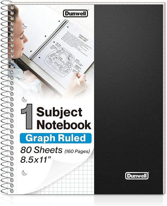 Dunwell Graph Paper Notebook 8.5 x 11, Plastic Cover, 80 Sheets, 4x4 Ruled, 1 Subject Spiral 1/4 Inch Grid Graphing Notebook, Divider with Pockets, Perforated Pages, 3-Hole Punched