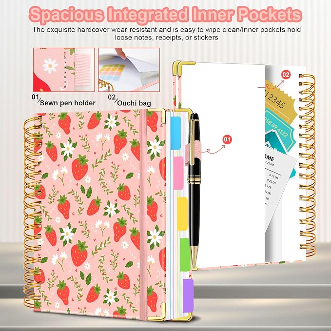 Spiral Journal Notebooks for Work, 300 Pages 5 Subject Notebook College Ruled with Dividers & Tabs, Notebook Journal for Women Students Note-Taking and Organizer (Pink Strawberry, 8.5''x 11'')