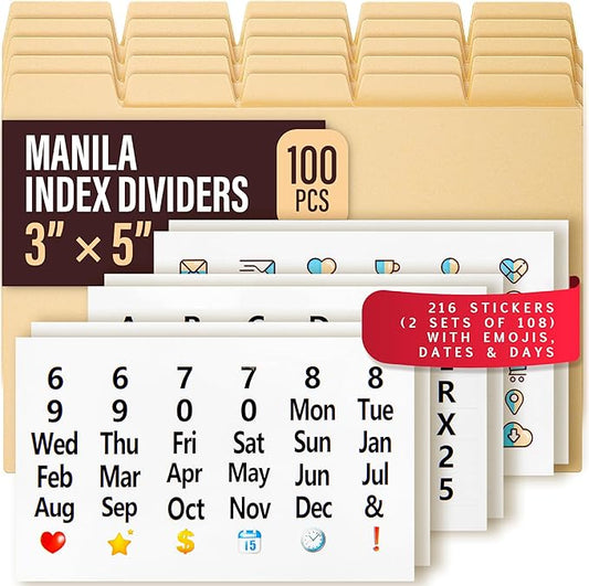 Index Card Dividers 3x5" — 100 Pcs of Cardboard Alphabet Dividers with 108 Stickers & Tabs for Index Card Organizer Holder, Storage File Box, Notecard Organizers — Recipe, Monthly, Alphabetical Cards