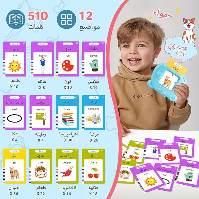 Arabic & English Talking Flash Cards for Toddlers, 510 Sight Words Bilingual Flash Cards, Learning Toys, Montessori Toys, Speech Therapy Toys, Children's Sensory Preschool Educational Birthday Gifts