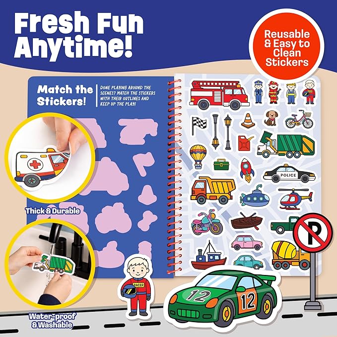 Reusable Sticker Book - Vehicles Stickers for Toddlers & Kids 3-5: Boys Easter Basket Stuffers & Easter Basket Essentials - Fun Activity in Airplane & Cars, Jelly Sticker Books for Toddlers 1-3 2-4