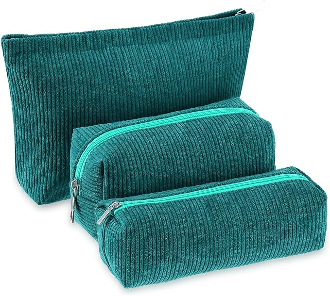 Huhumy 3 Pcs Makeup Bag Set for Women Corduroy Cosmetic Pouch Aesthetic Smile Travel Toiletry Bag Cute Purse Pouch Pencil Case Makeup Brushes Storage Organizer with Zipper(Dark Green,Solid Style)