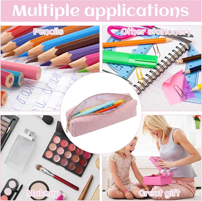 Corduroy Pen Case, Aesthetic Pencil Pouch, Simple Pen Bag with Practical Zip Portable Makeup Bag Stationery Pouch for Women(Pink)