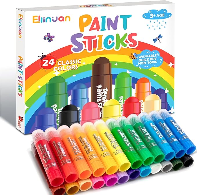 Ellinjan Tempera Paint Sticks For Kids, 24 Colors, Washable & Quick-Drying Twistable Solid Paint, Mess-Free Art Supplies for Drawing & Painting, Ideal Toddler Arts and Crafts Gifts