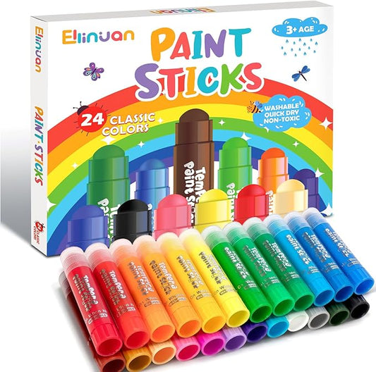 Ellinjan Tempera Paint Sticks For Kids, 24 Colors, Washable & Quick-Drying Twistable Solid Paint, Mess-Free Art Supplies for Drawing & Painting, Ideal Toddler Arts and Crafts Gifts