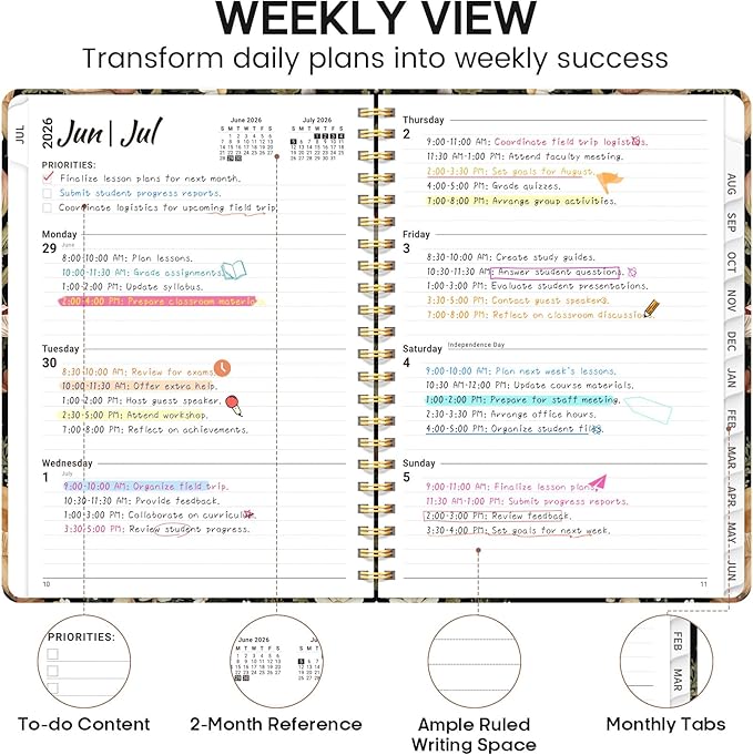 Academic Planner 2026-2027, Weekly and Monthly Calendar Book, July 2026 – June 2027, Hardcover Planner with Tabs, Perfect for Teachers, Students, Women & Men, A4 (8.5" x 11") - Mushroom