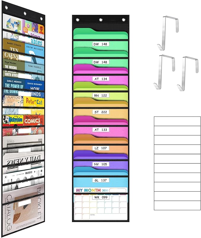 ABCxGOOD 10 Pockets Hanging Wall File Organizer, Transparent Clear Pockets Storage Chart with Over Door Hooks for Office, Classroom & Home, File Folder & Paper Organizer, Includes Labels (10 Pockets)