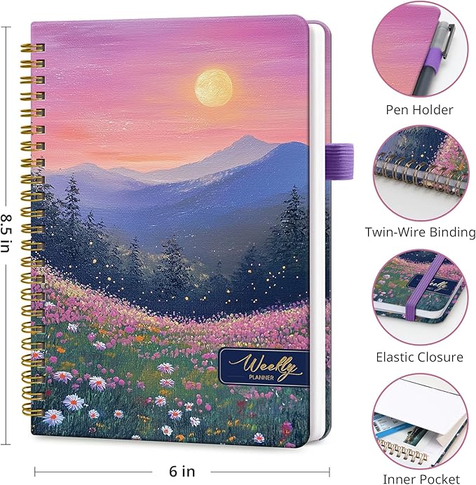Undated Weekly Planner, Weekly To Do List Notebook with Goal & Habit Tracker Organizer, A5 Weekly Planner Notebook with Spiral Binding, 6.1" x 8.2" - Twilight Bloom