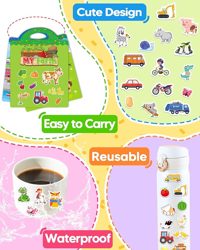 Benresive Reusable Sticker Book for Toddlers & Stickers for Kids, Toddler Travel Toys, Craft Activities, Boys & Girls Birthday Gifts