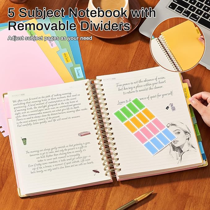 Hardcover Spiral Notebook with 5 Removable Dividers Tabs 300 Pages Leather 5 Subject Notebook College Ruled 8"x10" Large B5 Notebooks for Work School Note taking Lined Journal for Women, Pink