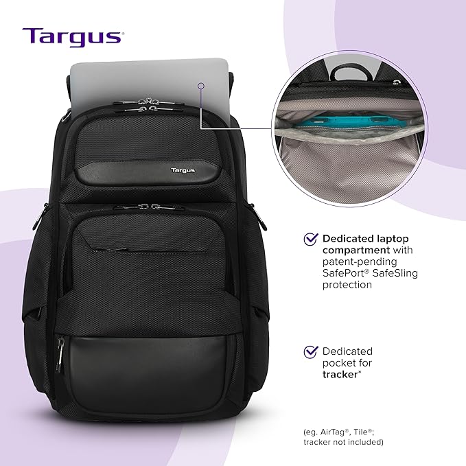 Targus 15-16 Inch Heritage Luxe Backpack, Professional Laptop Backpack with Padded Laptop Compartment, Ergonomic Shoulder Straps, Water-Resistant Fabric, Spacious Storage, Black (TBB656GL)