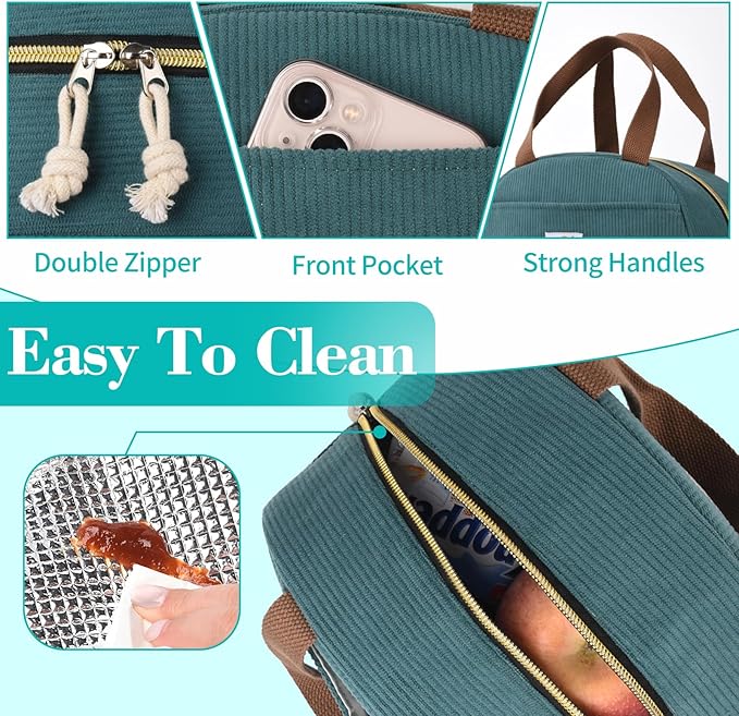 CaCTOUR Lunch Box Lunch Bag for Women Girls Teens, Cute Lunch Box Cooler Bag, Portable Small Insulated LunchBox Reusable Corduroy Lunch Tote for Work/Travel/Picnic/School (Lake Green)