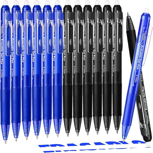 sunacme Retractable Erasable Gel Pens, 6 Black & 6 Blue Fine Point Erasable Pens Clicker, Make Mistakes Disappear, Perfect for Drawing, Writing, Planner & Crossword Puzzles (0.7mm, Pack of 12)