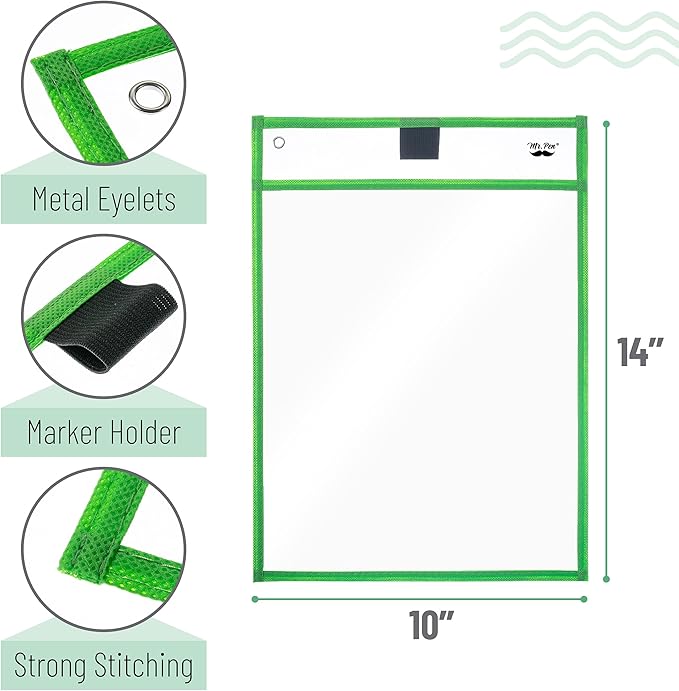 Mr. Pen- Reusable Dry Erase Pocket Sleeves, 10" x 14", 24 Pack, Colorful, Clear Plastic Paper Sleeves, Ticket Holders, Clear Plastic Sheet Protectors, Teacher, School, Classroom Supplies