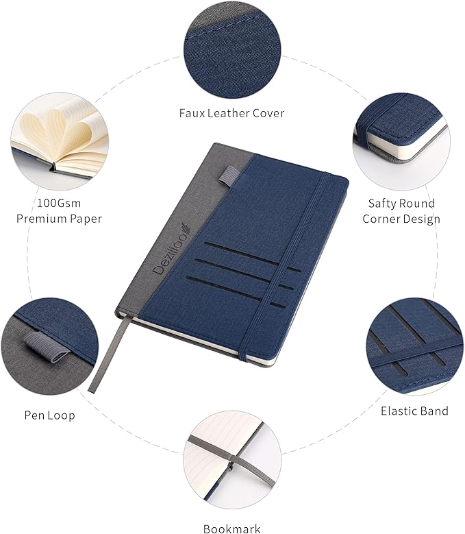 Lined Journal Notebooks with Pen Loop, Hardcover Notebook Journal for Work, 100Gsm Premium Thick Paper with Inner Pocket, Medium 5.7"x8.4", （Blue, Ruled）