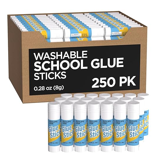 Glue Sticks Bulk (250 Pack), Washable Glue Sticks for Kids, Craft Glue for School Supplies, .28 oz, 8 Grams (250 Pack)