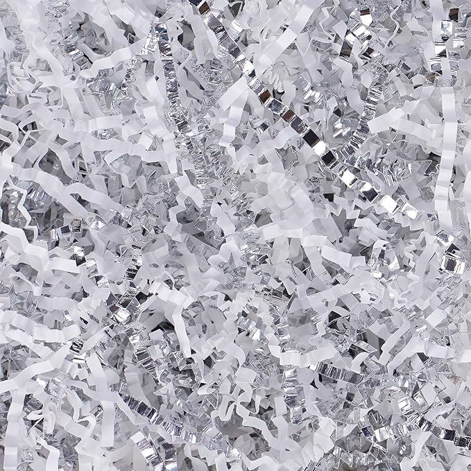 TANMWZK Crinkle Cut Paper Shred Filler 1 LB for Gift Wrapping, Baskets, Christmas, Halloween, Wedding Decorations, Easter Grass, Crafting Activities (White and Silver)