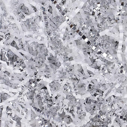 TANMWZK Crinkle Cut Paper Shred Filler 1 LB for Gift Wrapping, Baskets, Christmas, Halloween, Wedding Decorations, Easter Grass, Crafting Activities (White and Silver)