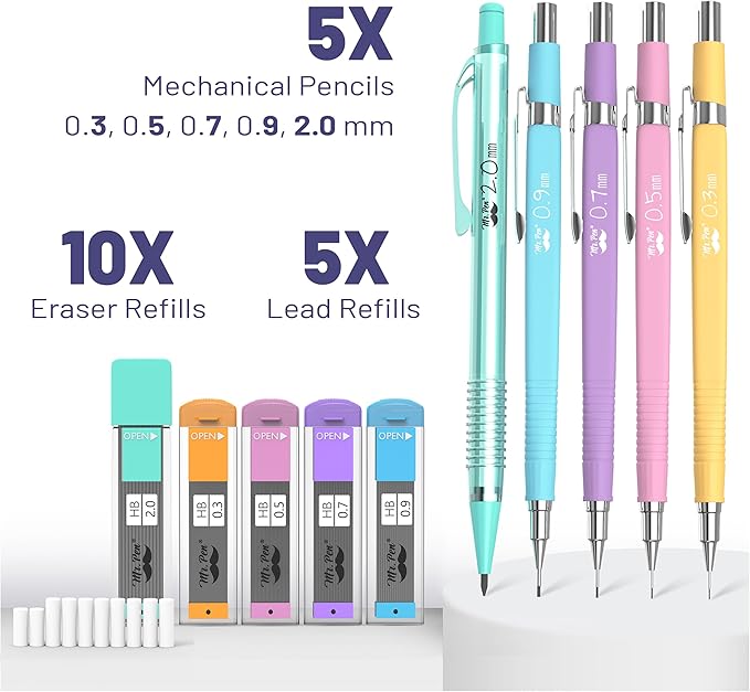 Mr. Pen- Pastel Mechanical Pencil Set, 5 Mechanical Pencils (0.3, 0.5, 0.7, 0.9, 2.0mm), 5 HB Lead Refills & 10 Eraser Refills, Precision Drawing Pencils for Sketching, Writing & Artwork