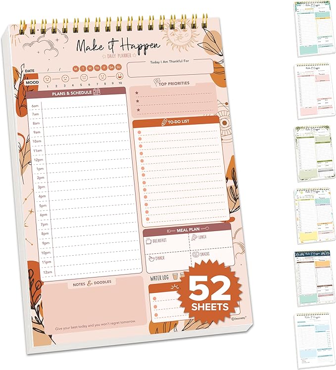 Decorably 52 Sheets Boho Celestial Undated Daily to Do List Notepad - 6.5x10" Spring-Bound Planner, Easy Tear-Off, for Schedule, Priorities, Agenda, Water Intake, Meals, Notes & Doodles - Home, Office