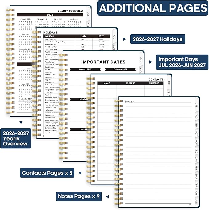 Academic Planner 2026-2027, Weekly and Monthly Calendar Planner Book, July 2026 – June 2027, Hardcover Organizer with Tabs, Perfect for Teachers, Students, Women & Men, A5 (6.4" x 8.5") - Navy