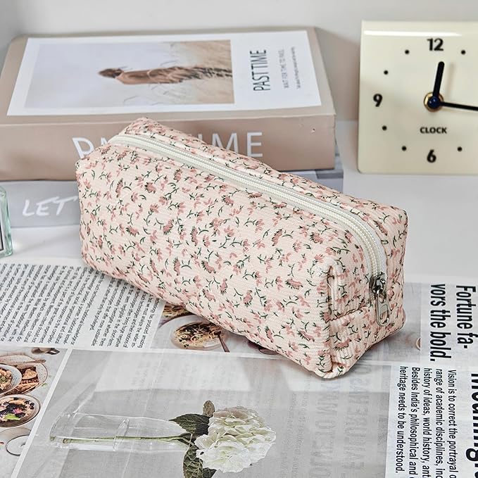 Pencil Pouch Cute Pencil Case Office Storage Bag Holder Box Organizer Aesthetic Bow Flower Pattern Makeup Pouch Cosmetic Bag for Women Girls