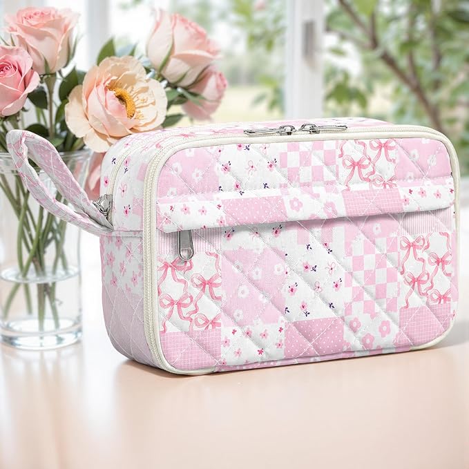 WOBAGMEN Quilted Pencil Pouch for Girls Women, Large Pencil Case Pouch with Compartments Cute Aesthetic Pencil Case Organizer, Floral Pencil Bag for School Supplies (Pink Checked Patchwork)