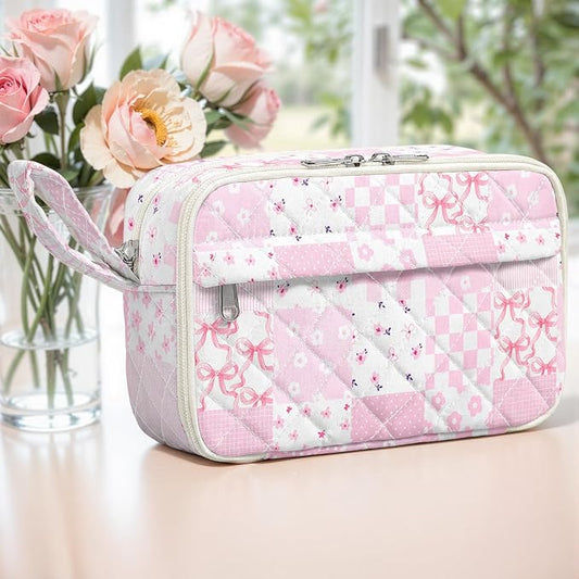 WOBAGMEN Quilted Pencil Pouch for Girls Women, Large Pencil Case Pouch with Compartments Cute Aesthetic Pencil Case Organizer, Floral Pencil Bag for School Supplies (Pink Checked Patchwork)