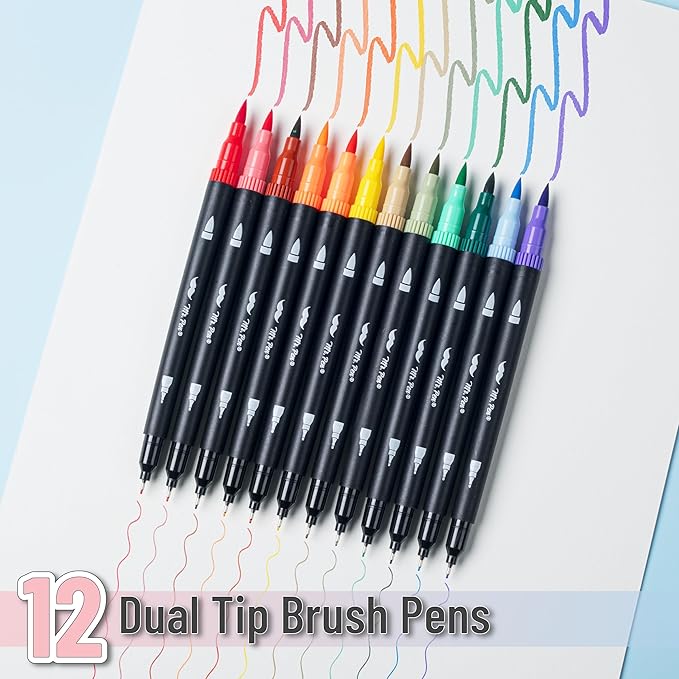 Mr. Pen- Dual Tip Brush Pens, 12 pcs, Assorted Color, Fine & Brush Tip Markers for Adult Coloring Markers for Adults