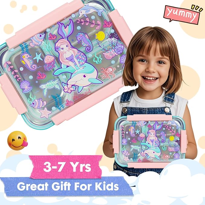 Stainless Steel Bento Lunch Box for Kids, 710ml/23.5oz BPA-Free Leak-Proof Food Containers with 3 Compartments, Back to School Students Daycare Lunches Snack Container Size for Ages 3-7
