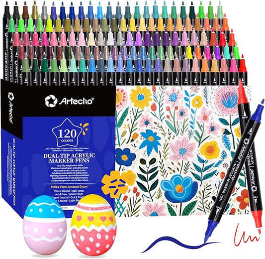 Artecho Acrylic Paint Markers 120 Colors, Acrylic Paint Pens with Brush Tip and Fine Tip for Stone, Rock Painting, Paper, Pumpkin, Wood, Egg, Canvas, Ceramic, Fabric, leather, Glass, DIY Crafts