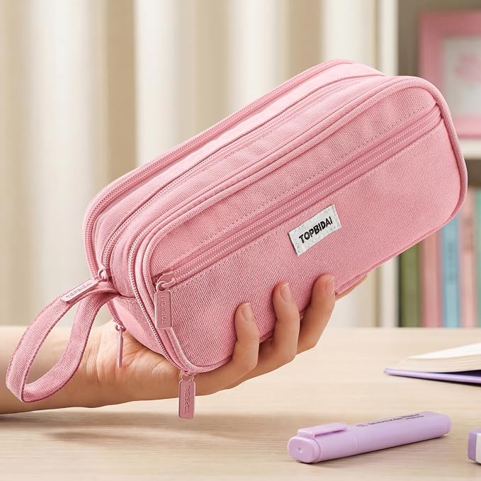 TOPBIDAI Large Pencil Case Pouch for Girls Boy Women Men Adults | Big Capacity Canvas Pencil Bag, Office School Supplies, Multi Compartment Zipper Stationery Pen Box(Light Pink)