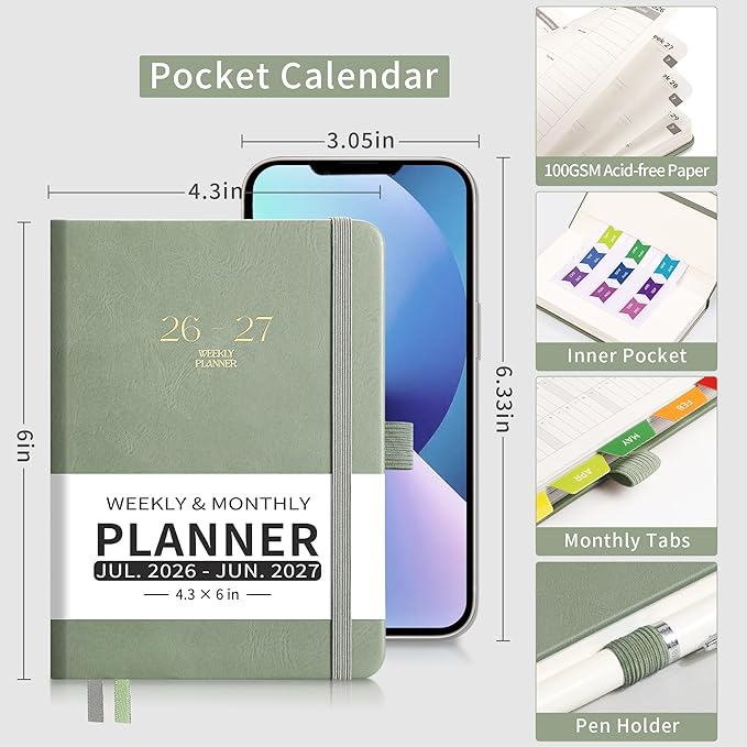 EMSHOI Pocket Calendar 2026-2027, Small Mini Academic Planner Weekly and Monthly, July 2026-June 2027, School Student Teacher Agenda, Leather Hardcover, 100GSM Paper, Tabs, A6 4.3"x6", Light Green