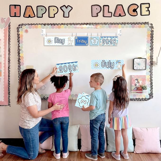 TecUnite Silly Goose Calendar Bulletin Board Set 2026-2029 Blue Silly Goose Flip Calendar for Classroom Decor with Adjustable Holder 54 Date Cards for Preschool Elementary Back to School Supplies