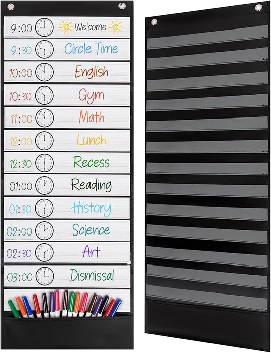 Essex Wares - 13 Pocket Daily Schedule Pocket Chart, Ultra-Durable Visual Schedule for Kids - Easy to Use, Reusable Daily Schedule for Kids - Reversible Chart for Sentence Strips