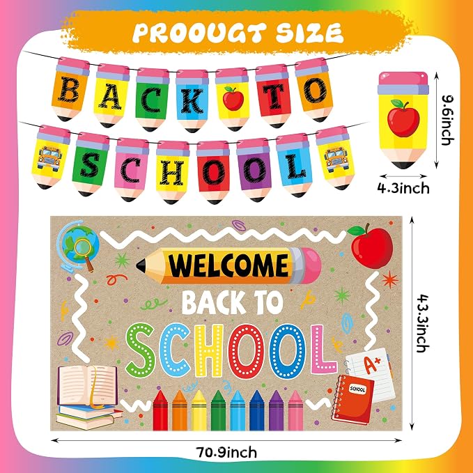 Joy Bang Back to School Decorations, Back to School Banner with Hanging Swirls Apple School Bus Pencil Balloons Welcome Back to School Photo Backdrop First Day of School Decorations Classroom Decor