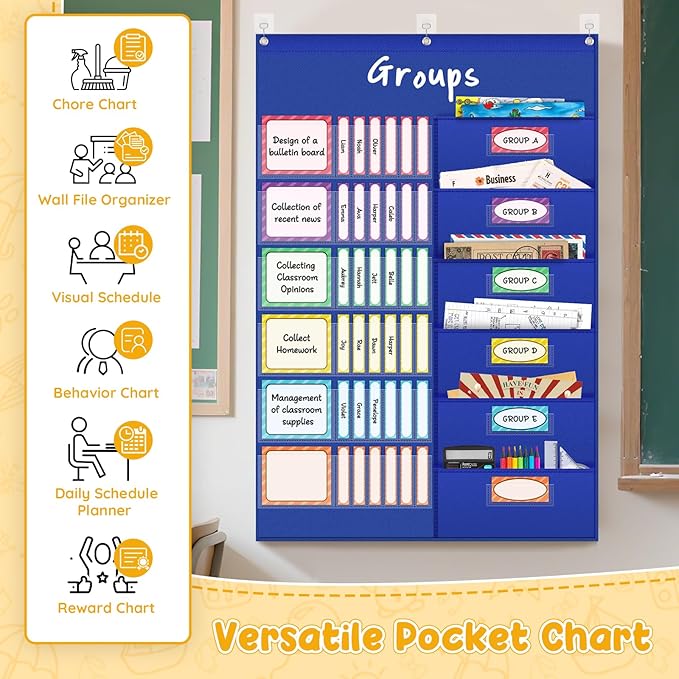 AKAYOK Small Group Pocket Chart with 84 Colorful Dry Erase Cards, Classroom Jobs Chart with 6 Pocket Wall Hanging File Folder, Pocket Chart for Classroom,Office,Home, Small Group Classroom Must Haves