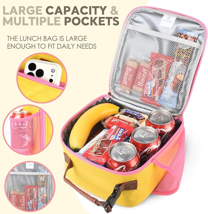 Genteen Kids Lunch Box Insulated Soft Mini Cooler with Bottle Holder, Lightweight Reusable Easy-Clean Lunch bag for Girls, Boys Back to School-Yellow