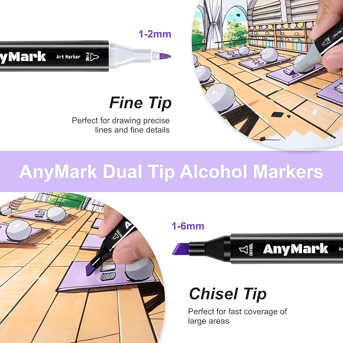 AnyMark Alcohol Markers, 100 Colors Dual Tip Art Coloring Markers Set for Adult Book Drawing Sketching Painting, Chisel & Fine, Black Penholder
