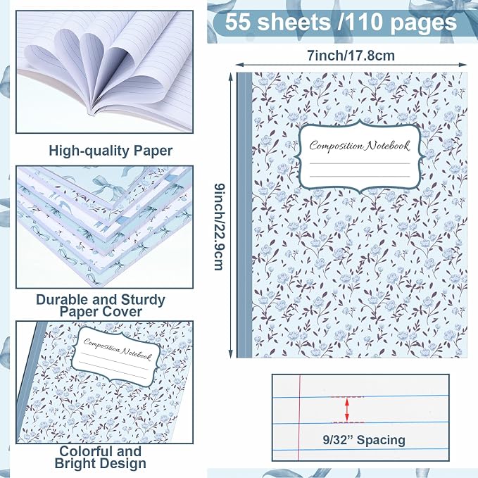 Fullhawl 6 Pack Composition Notebook College Ruled Bulk Blue Bow Composition Notebook Preppy Aesthetic for Back to School Supplies 110 Pages 9-3/4 x 7-1/2" Cute Journal for First Day of School Office