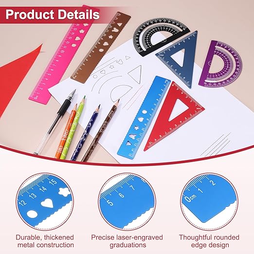 PATIKIL 4 Pcs Geometry Drafting Tool, Aluminum Alloy Geometry Kit Math Tool Includes 15cm L Ruler Protractor Triangles for Drafting Angle Measure Simple Science Experiment, Sky Blue