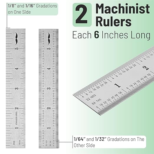Mr. Pen- Machinist Ruler, 6 Inch, 2 Pack, Stainless Steel Imperial, Precision Measuring Tool, 1/8", 1/16", 1/32", 1/64" Graduation for Engineering, Carpentry, Drafting, Office, School