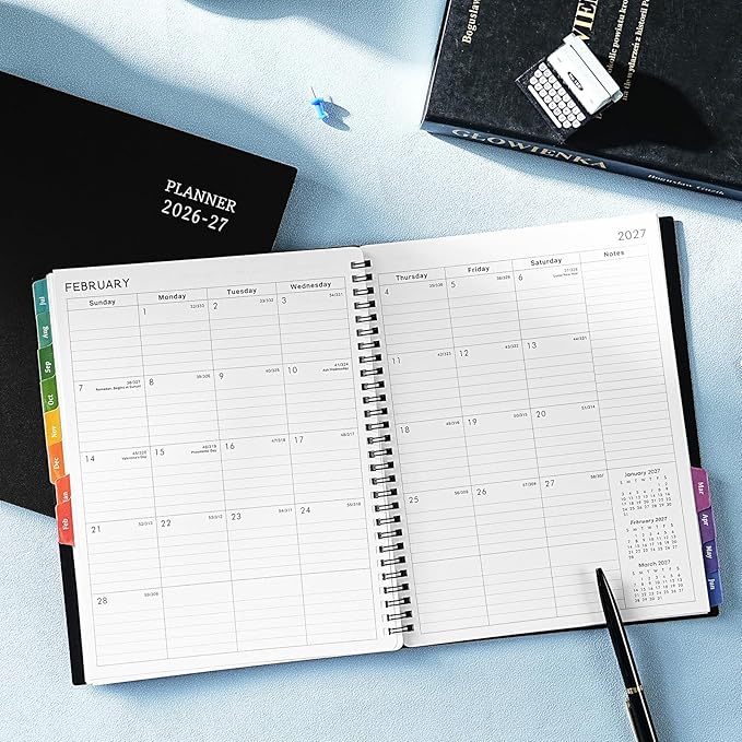 BooQool Planner 2026-2027 for Office, School, Home - Spiral Bound Academic Monthly Weekly Calendar July 2026 - June 2027 Organizer with To Do List, Tabs & PP Cover 8" x 10"