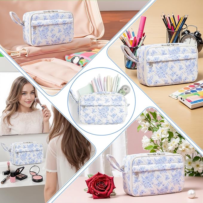 WOBAGMEN Quilted Pencil Pouch for Girls Women, Large Pencil Case Pouch with Compartments Cute Aesthetic Pencil Case Organizer, Floral Pencil Bag for School Supplies (Elegant Blue Floral)
