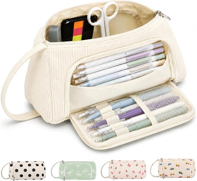 Big Capacity Pencil case,Soft Corduroy Pencil Bag with 3 Compartment Pouch Bag for School Supplies Office for Teen Girls Boys Women Man (White New)