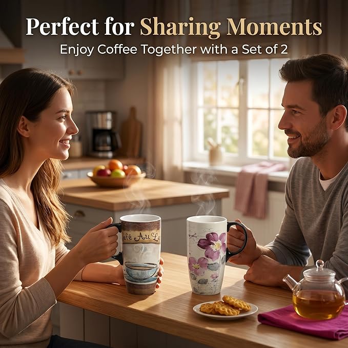 Topadorn 2-Pack 17oz Ceramic Travel Coffee Mugs with Lids & Handles, Floral Vintage Coffee Cups, Microwave & Dishwasher Safe, Gift Box Set