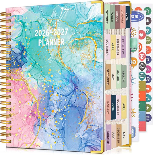 Planner 2025-2027, 21 Months Weekly and Monthly Daily Planner from October 2025 - June 2027, 8.5" x 11" A4 Large Hardcover Agenda Organizer Book 2026 with Tabs, Spiral Yearly Calendar Planners for School Work Home, Pink Blue Marble