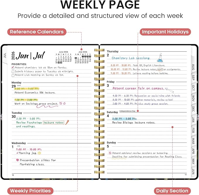 Planner 2026-2027, Academic Monthly and Weekly Calendar Planner for Women, July 2026 - June 2027, Hardcover Pretty Agenda Planner Book with Tabs, Spiral Daily Organizer for School Office Home Supplies, 8.5" x 11" - Peony Bloom