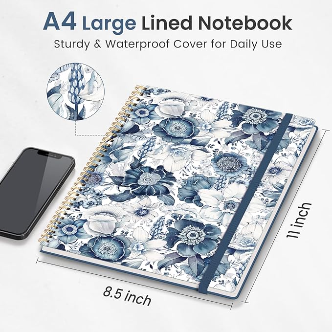 Taja Large Spiral Lined Journal for Women, 8.5" x 11" Notebooks for Work Collge Ruled, A4 Aesthetic Cute Journaling Notebooks for Writing, Plastic Cover, Blue Floral