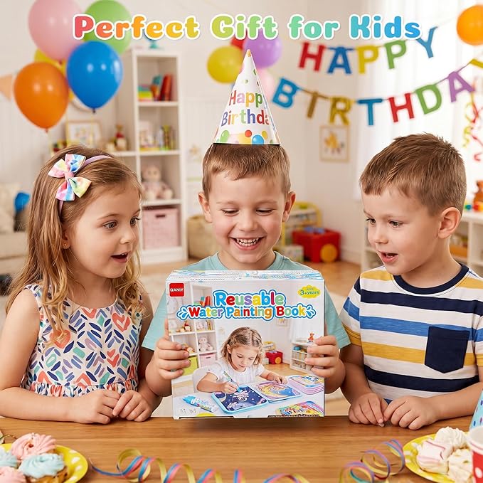 QANIY Reusable Water Painting Book, 4 Pack Magic Water Coloring Books with 4 Water Pens for Toddlers，Mess-Free Coloring Book with 4 Different themes,Travel Activity Toys, Gift for Boys & Girls Ages 3+